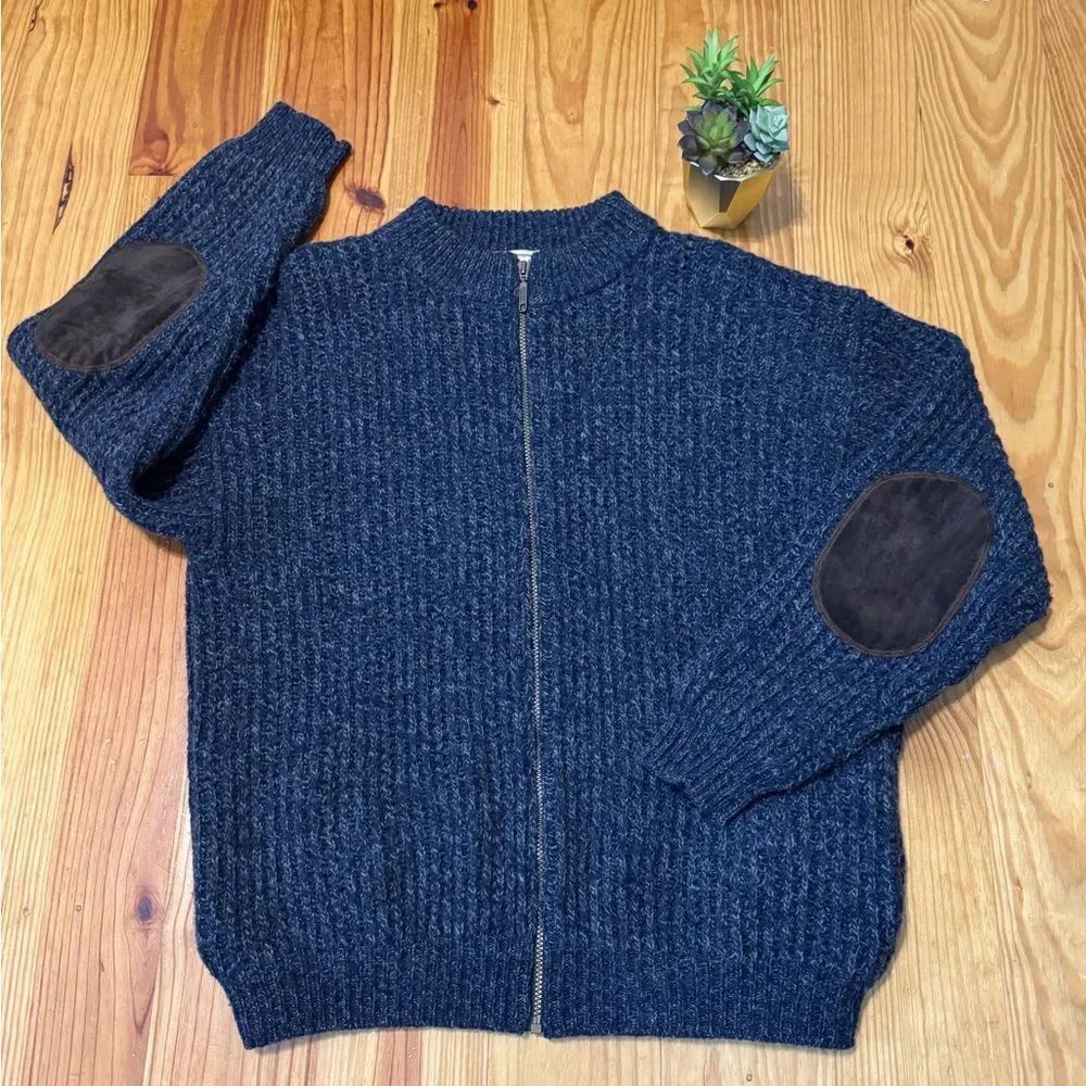Woolrich Full Zip Wool Blend Sweater Jacket Mens LRG Ash Navy Elbow Patches VTG